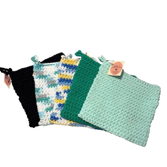 5 Handcrafted Pot Holders Cotton Double Crochet Thick Grn Blue Black 6.5" Square - Picture 1 of 9